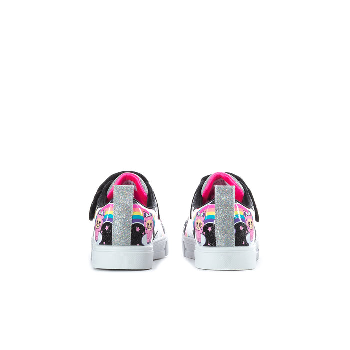 Kids sneakers back view with colorful character print and black heel panels, white sole