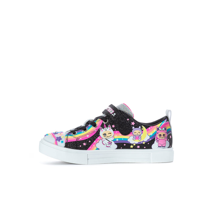 Kids low-top sneakers with black glitter upper, rainbow trim, and character faces on sides