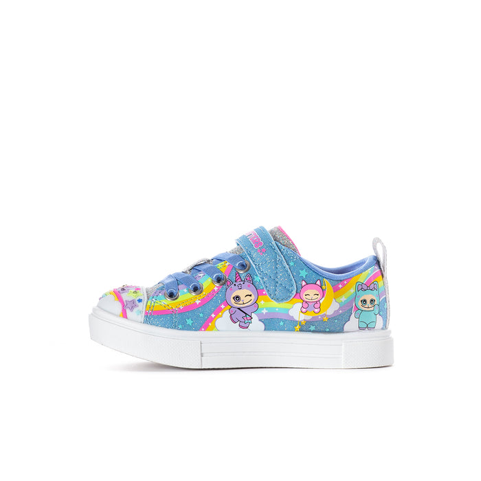 Kids lace-up sneakers side view with rainbow critter print, blue upper, white sole