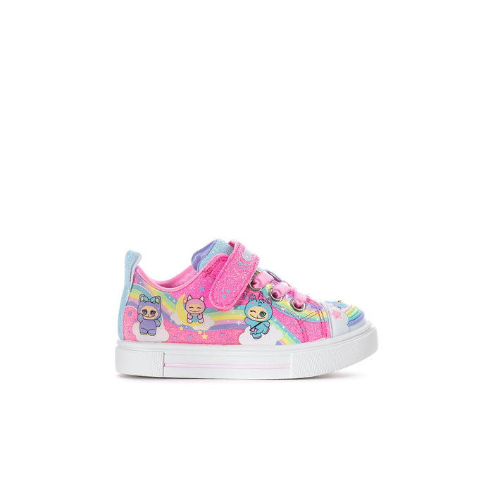 Toddler pink rainbow sneakers with cartoon faces, hook-and-loop strap, white rubber sole