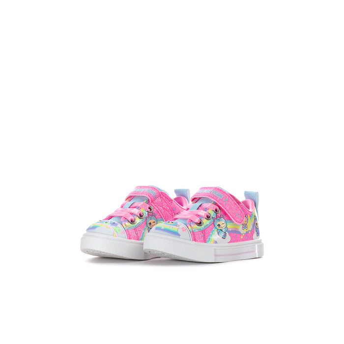 Toddler pink rainbow sneakers with cartoon face print, low-top style, white rubber sole