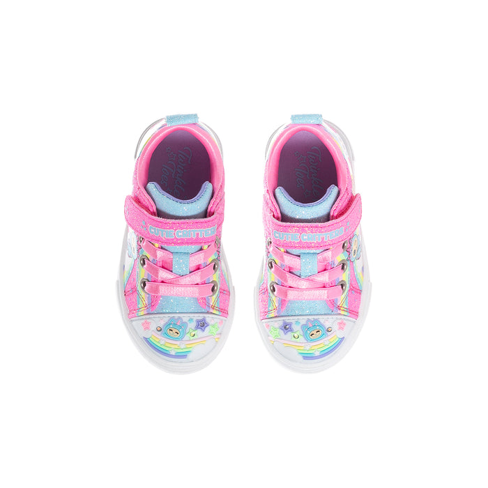 Toddler pink rainbow sneakers, front view with cartoon faces and hook-and-loop strap