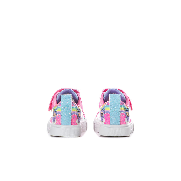 Toddler pink rainbow sneakers, back view with heel tabs and white rubber sole