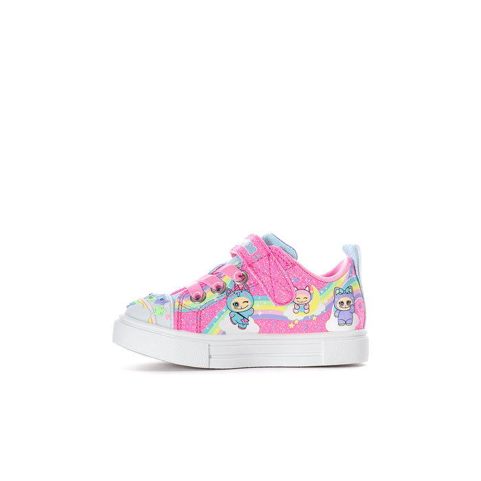 Toddler pink rainbow sneakers with cartoon faces, side angle, hook-and-loop strap, white sole
