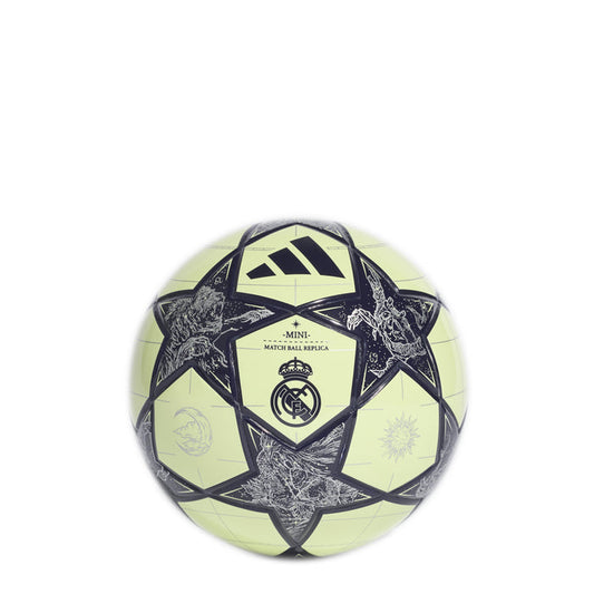 Champions League mini football, lime and dark navy with Real Madrid crest and star detailing.