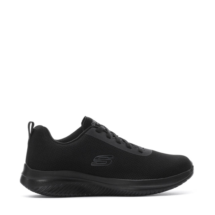 Women’s black lace-up knit sneaker with textured rubber sole and side logo detail.