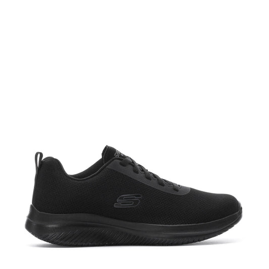 Women’s black lace-up knit sneaker with textured rubber sole and side logo detail.