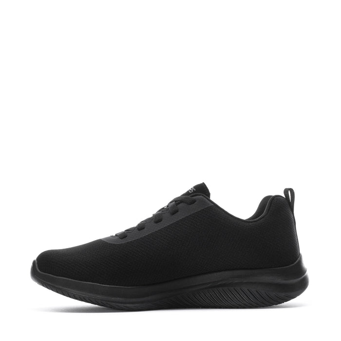 Women’s black lace-up knit sneaker, side view with low-profile cushioned sole.