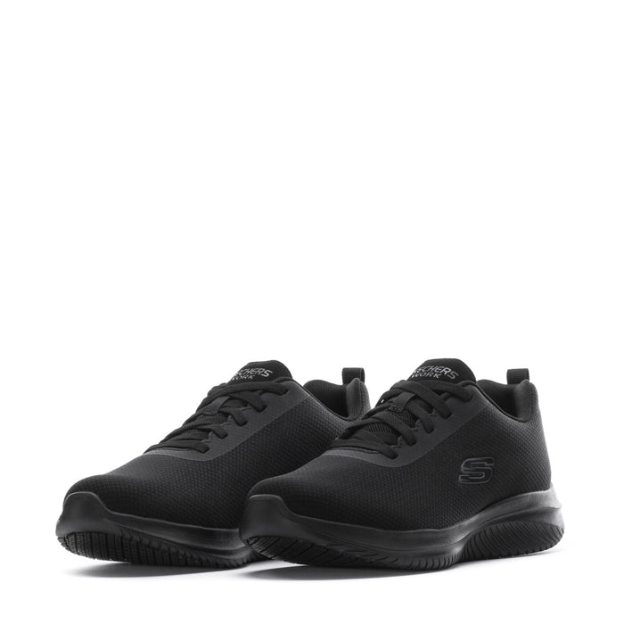 Women’s black lace-up knit sneakers shown side-by-side, with front toe and lace eyelets.