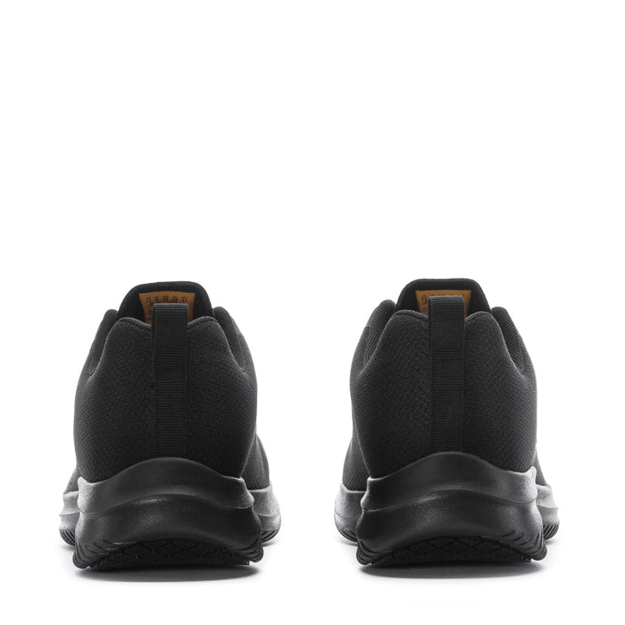 Women’s black sneaker heel view with pull tab, padded collar, and textured sole tread.