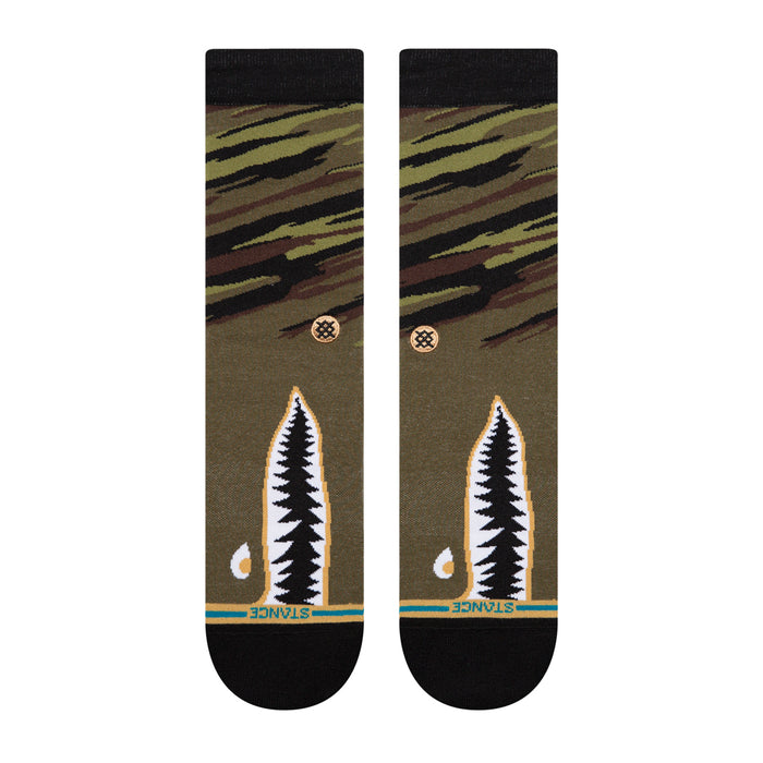 Olive camo crew socks with black toe and pine tree plus moon graphic