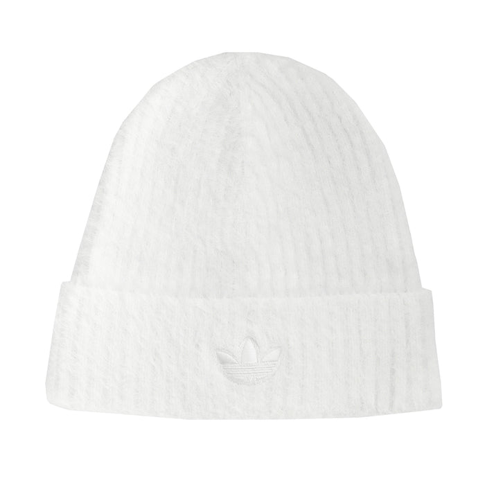 Off-white knit beanie with ribbed cuff and small trefoil logo