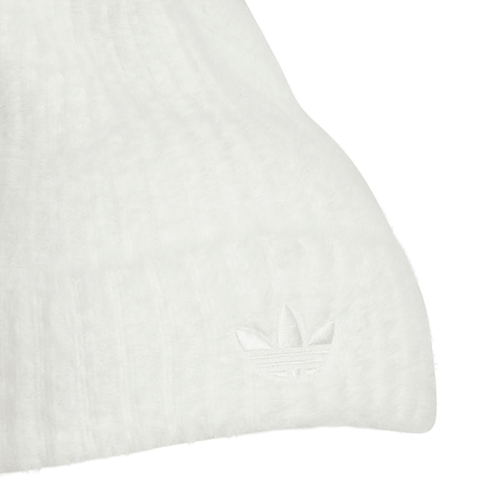 Off-white knit beanie close-up with trefoil logo on cuff
