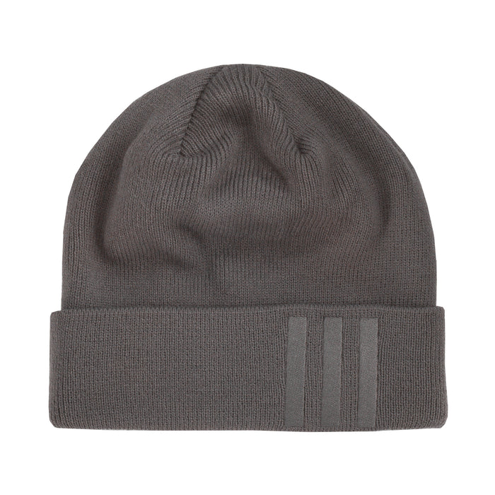 Grey knit beanie with ribbed cuff and three-tone side stripes