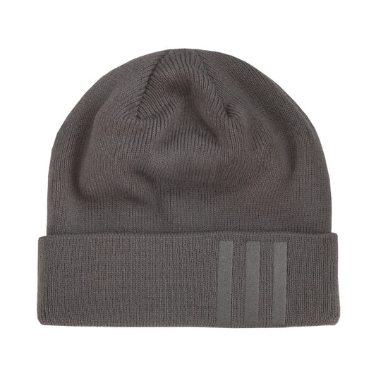 Grey knit beanie with ribbed cuff and three-tone side stripes