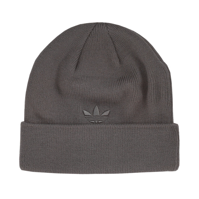 Grey knit beanie with ribbed cuff and small trefoil logo