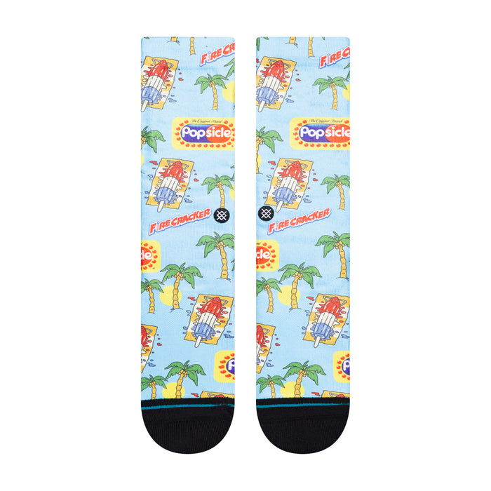 Unisex crew sock pair, light blue popsicle and palm print with black cuffs and toe