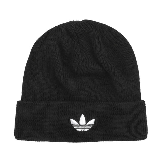 Black ribbed unisex beanie with white trefoil logo patch