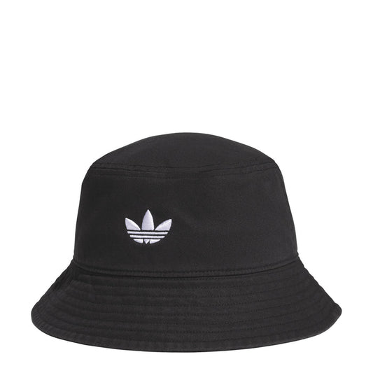 Black unisex bucket hat with white trefoil logo