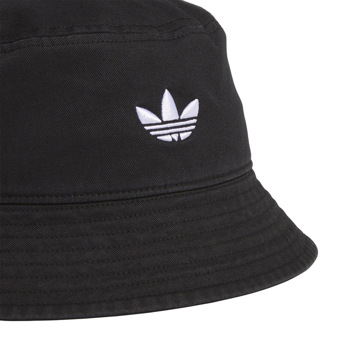 Black bucket hat with white trefoil logo on front panel