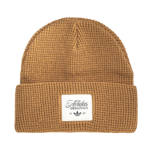 Unisex waffle-knit beanie in brown with fold-up cuff and Adidas Originals patch