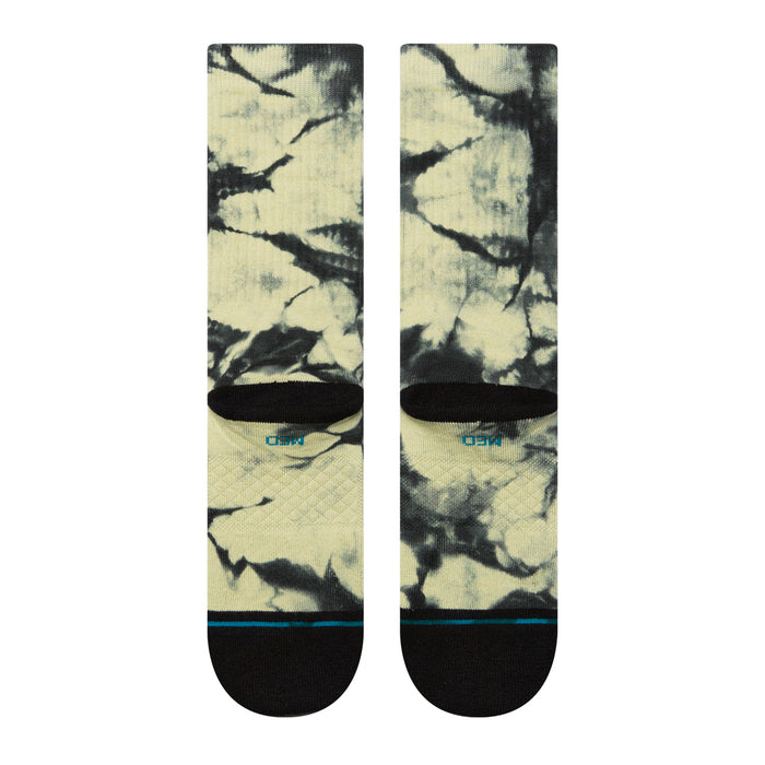 Unisex crew socks in green-and-black tie-dye with black foot and blue stripe