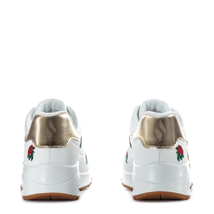 White women's sneakers with gold heel trim, red rose embroidery, cushioned heel window