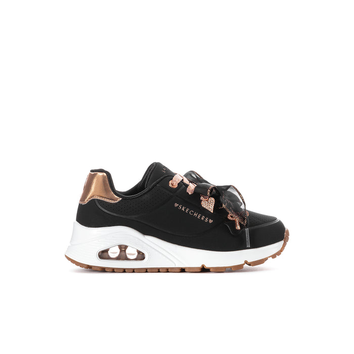 Kids' Skechers sneakers, black with rose-gold laces and rose-gold trim, white sole