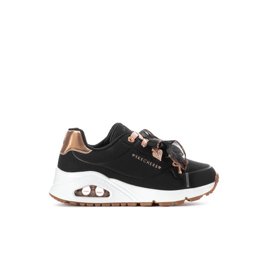 Kids' Skechers sneakers, black with rose-gold laces and rose-gold trim, white sole