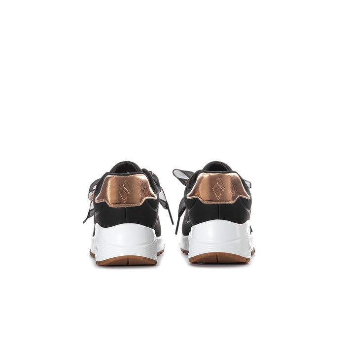 Kids' Skechers sneakers, back view with rose-gold heel tab and white midsole