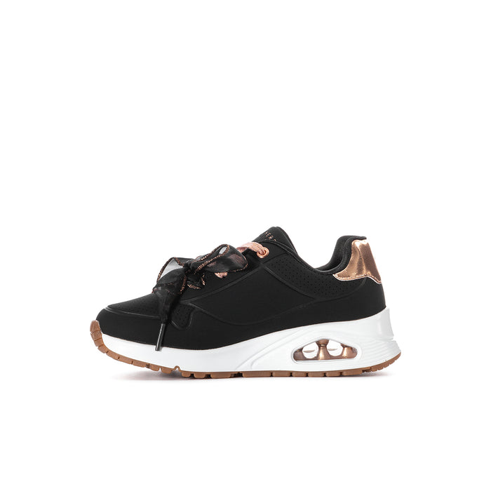 Kids' Skechers sneakers, black with rose-gold lace details and white air-cushion panel