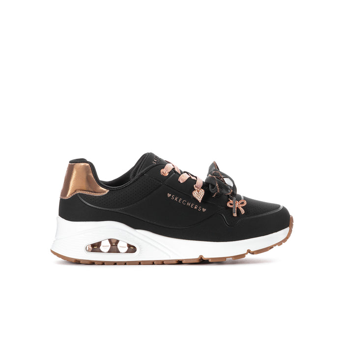 Youth black and rose gold lace-up sneakers with white air-cushion sole