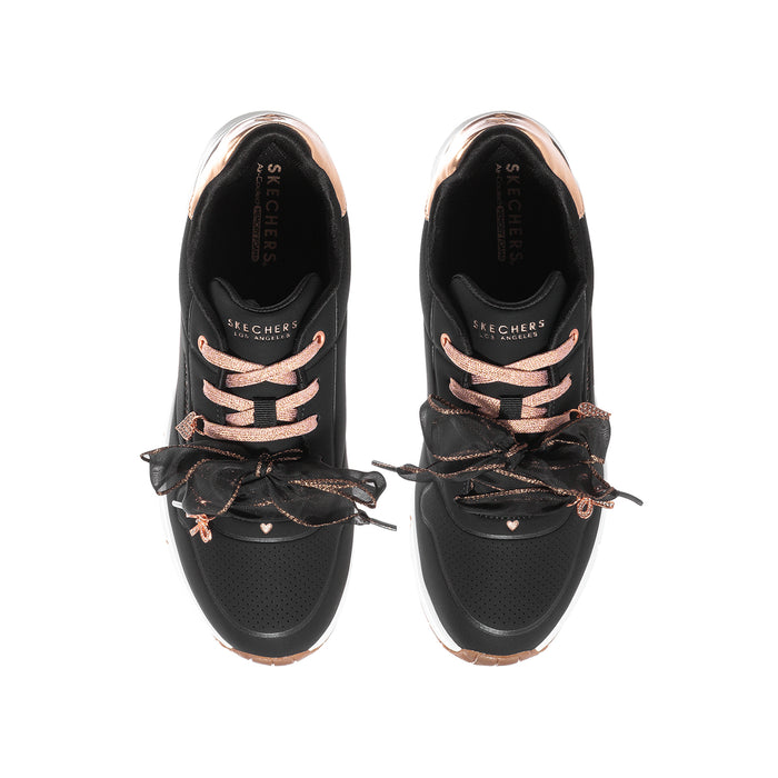 Youth black lace-up sneakers with rose-gold lace accents and cushioned collar
