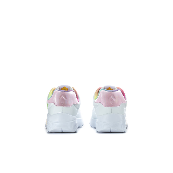 Kids' Uno Lite sneakers back view, white with pink heel panels and multicolor lining
