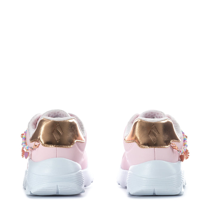 Kids pink sneakers with gold heel and colorful strap charms, rear view