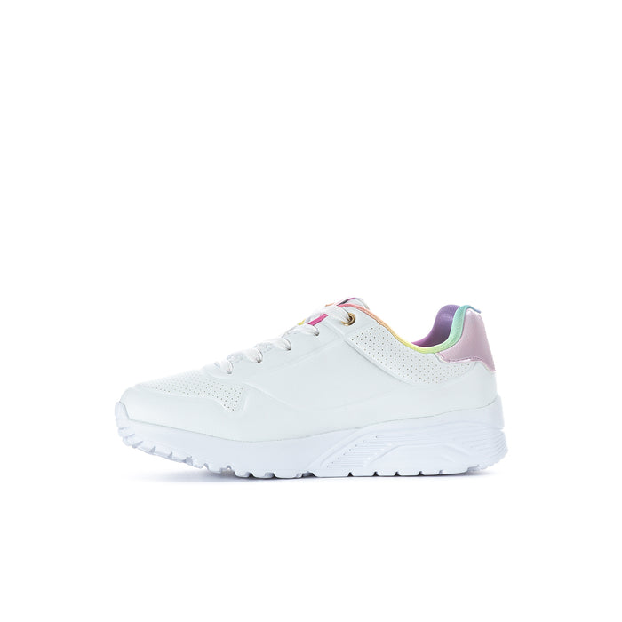 Kids' Uno Lite sneaker, white with purple and pink side accents and rainbow collar