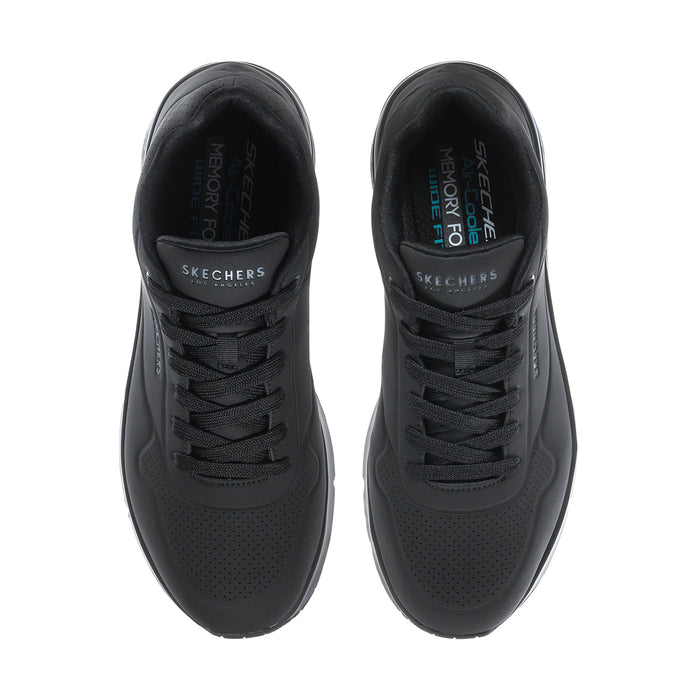 Pair of men's black wide sneakers with black laces and breathable perforated upper