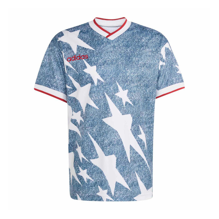 Men's denim jersey with white star print, red-and-white V-neck trim, adidas logo