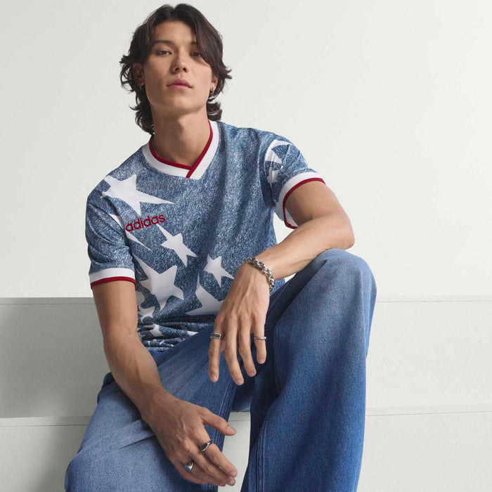 Men's denim star graphic jersey with red-and-white V-neck trim, adidas logo detail