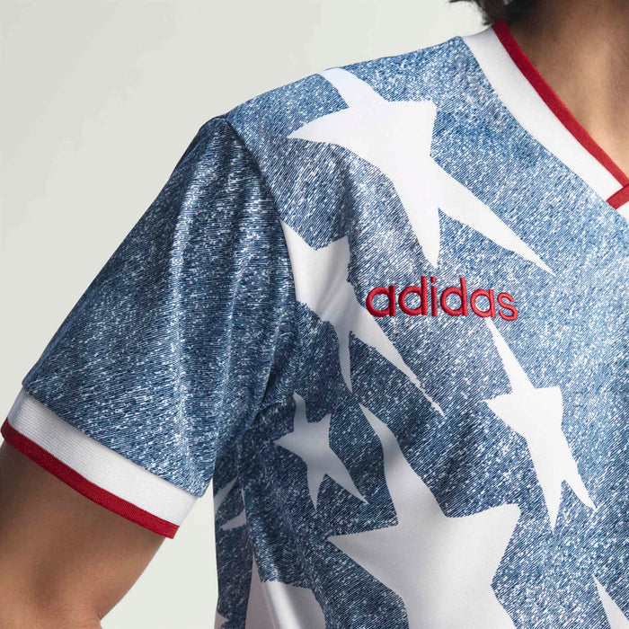 Men's denim jersey sleeve with adidas logo and large white star graphic, red trim
