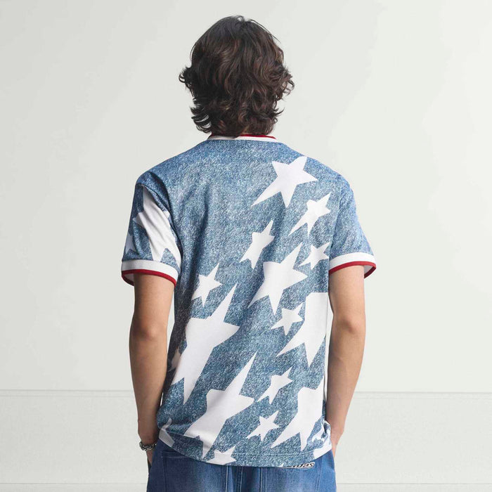 Men's denim star print jersey, back view with red-and-white sleeve trim