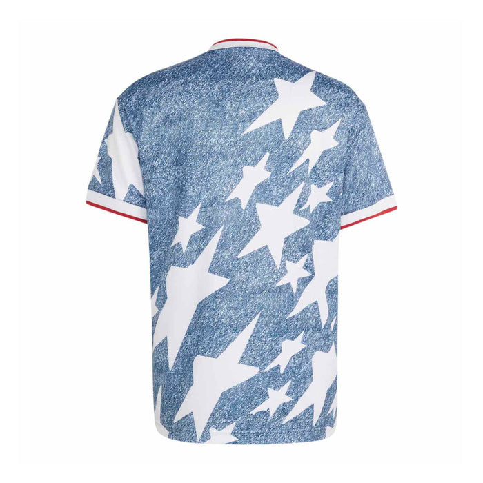 Men's denim jersey back view with allover white star pattern and red-and-white trim