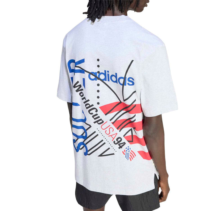 Back of light heather gray T-shirt with adidas and WorldCup USA94 graphic
