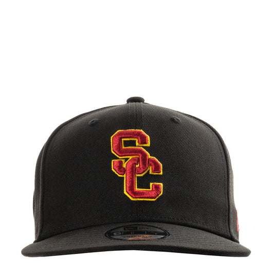 Black baseball cap with embroidered USC logo in red and yellow at front
