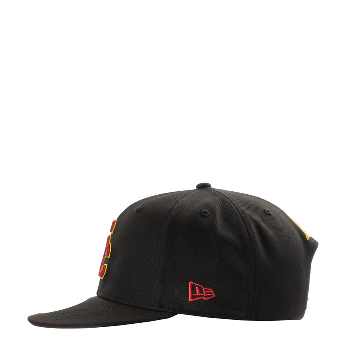 Black baseball cap back view with small red and yellow USC logo embroidery