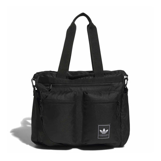Black utility tote bag with top handles, zip closure, front organizer pockets, logo patch.