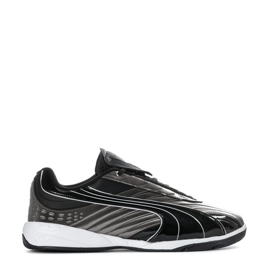 Men's black and silver athletic sneaker with white midsole, lace-up front