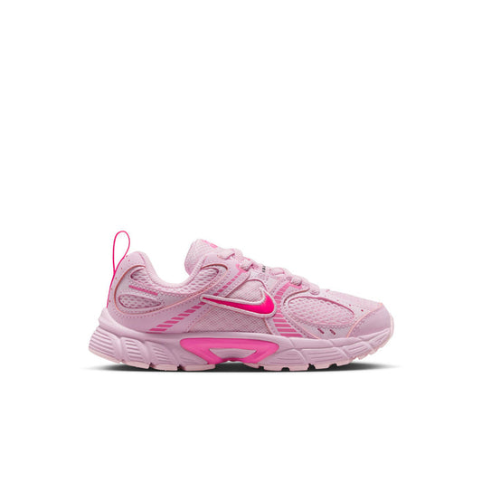 Kids pink and magenta Nike sneaker with swoosh, lace-up front, and cushioned sole