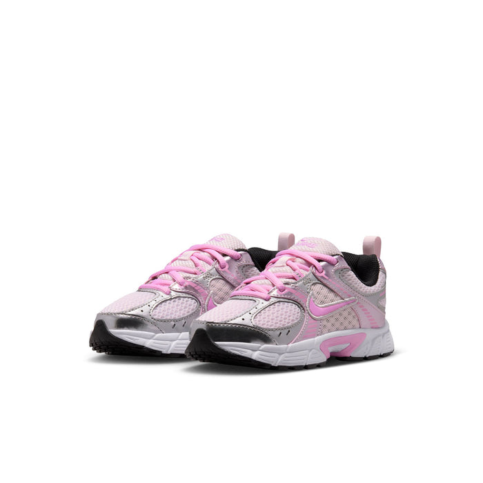 Kids gray and pink lace-up sneakers with padded collar and chunky sole