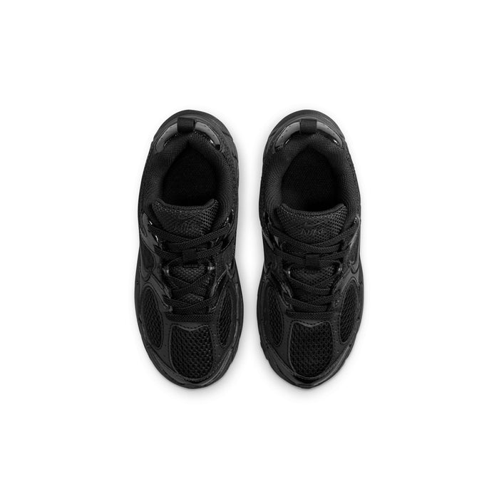 Kids black lace-up running shoes seen from above, showing mesh toe and tongue